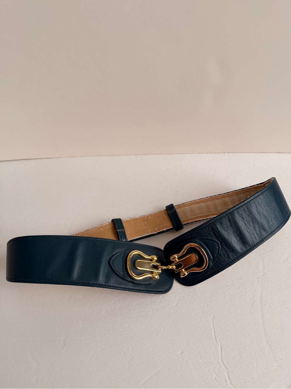 Vintage 1985 Leather Cinch Belt Ginnie Johansen Teal Gold Statement 80s